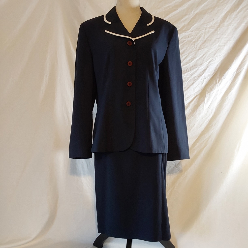 Vintage Kasper A.S.L Blue Skirt Suit with White Trim Collar size 14